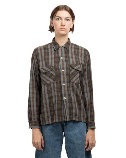 60's Cotton Plaid Loop Collar Shirt - Medium