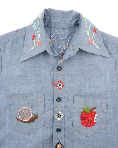70's Embroidered Chambray Shirt - Small