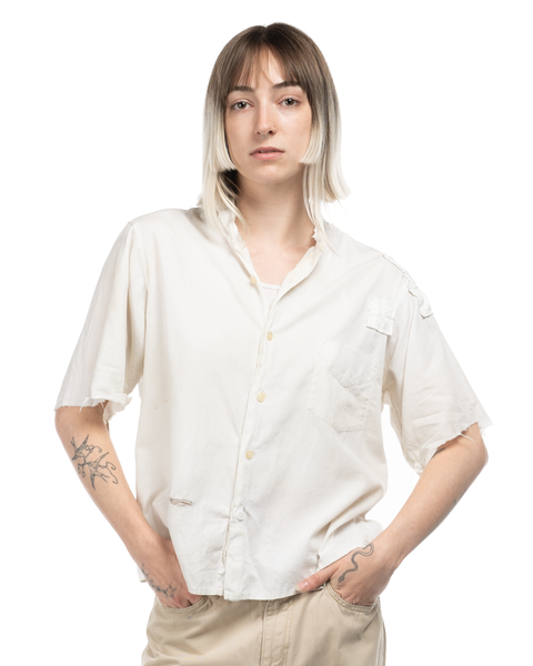 1940s Banded-Collar Thrashed & Patched Shirt