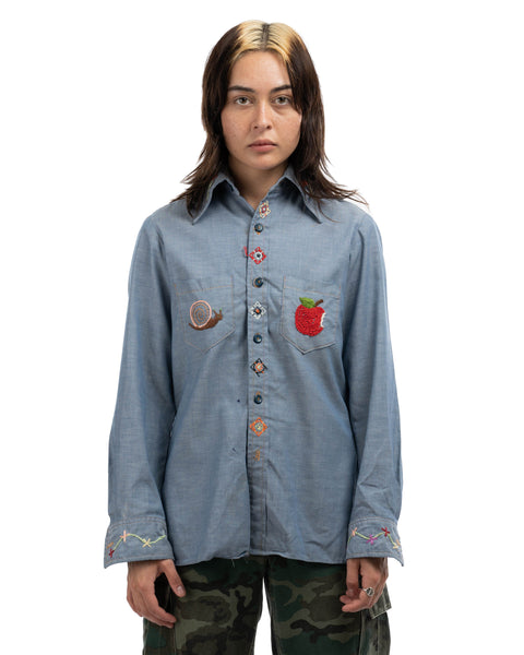 70's Embroidered Chambray Shirt - Small