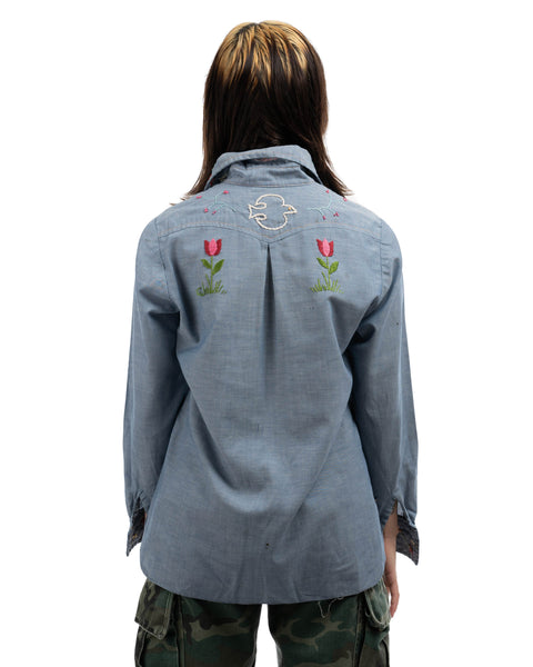 70's Embroidered Chambray Shirt - Small
