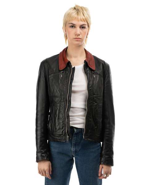 70's Contrast Collar Leather Jacket - Medium