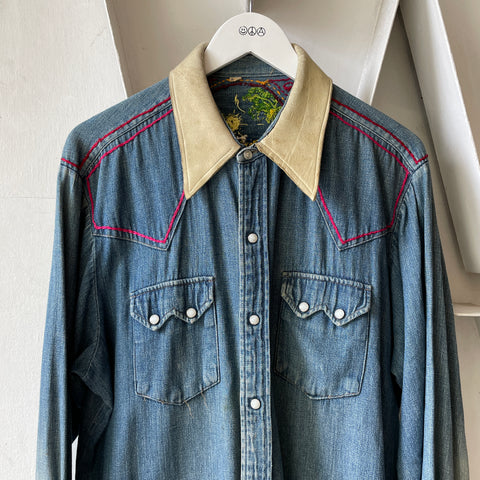 60’s Embroidered Denim Pearl Snap Western Shirt - XL