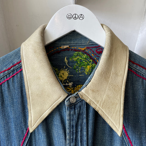 60’s Embroidered Denim Pearl Snap Western Shirt - XL