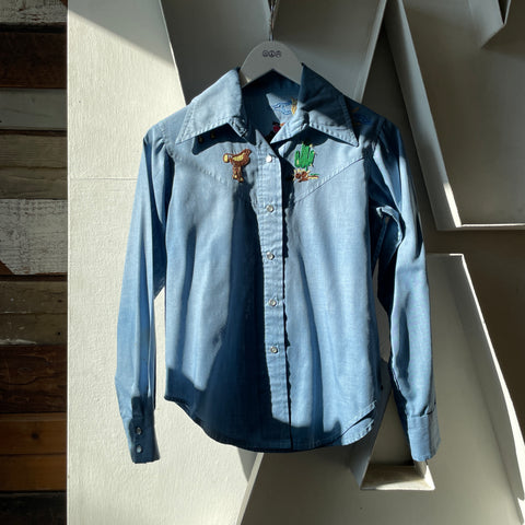 70’s Embroidered Chambray Western Shirt - Small
