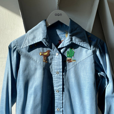 70’s Embroidered Chambray Western Shirt - Small