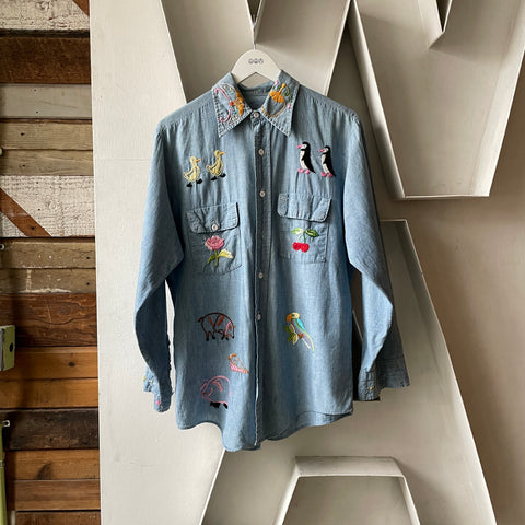 70's Embroidered Chambray - Large