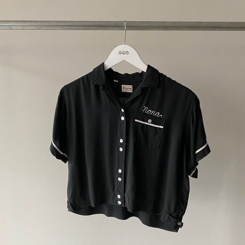 60's Cropped Black Bowling Shirt - Small