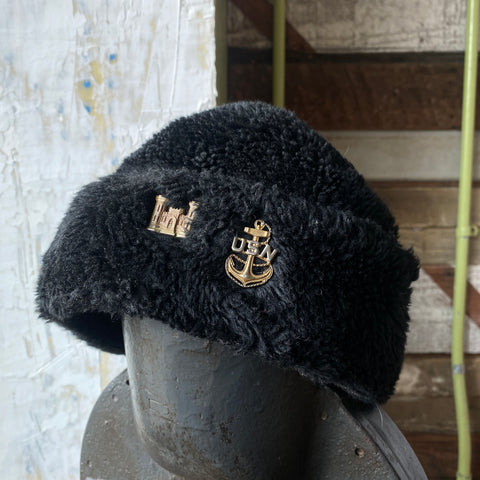 50's Fuzzy Hat w/ Sterling USN Pin - 7 1/4