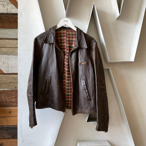 40’s Brown Leather Zip-Up Jacket - Medium