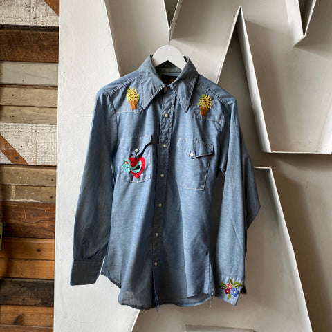 70's Sears Embroidered Western Chambray - Medium