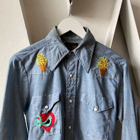 70's Sears Embroidered Western Chambray - Medium