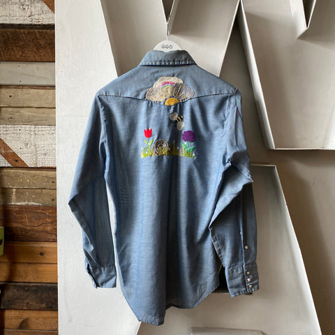 70's Sears Embroidered Western Chambray - Medium