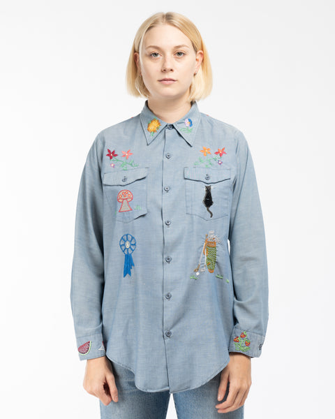 70’s Embroidered Chambray Button-Up - Large