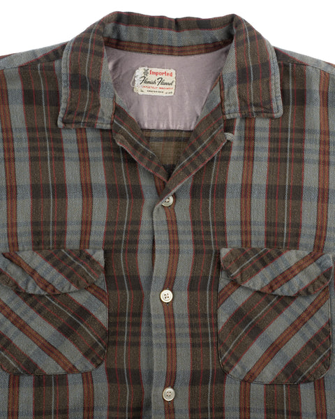 60's Cotton Plaid Loop Collar Shirt - Medium