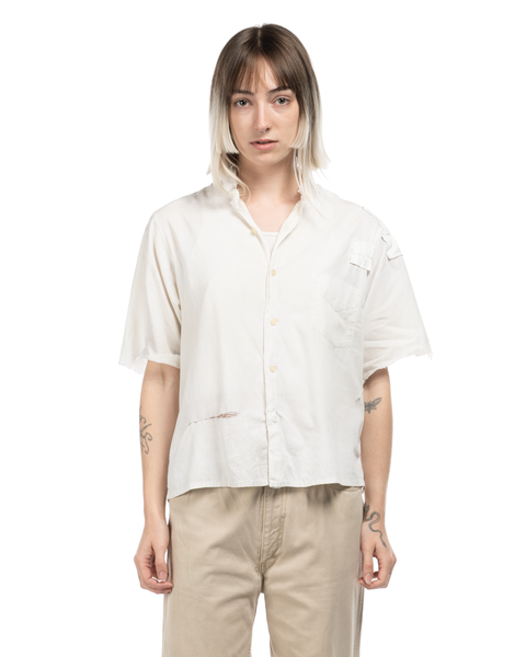1940s Banded-Collar Thrashed & Patched Shirt