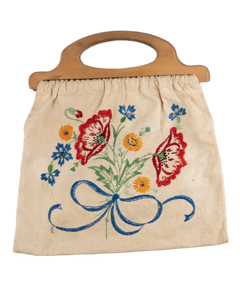 70’s Wooden Handle Embroidered Purse - OS