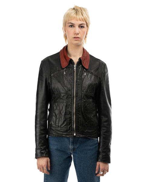 70's Contrast Collar Leather Jacket - Medium