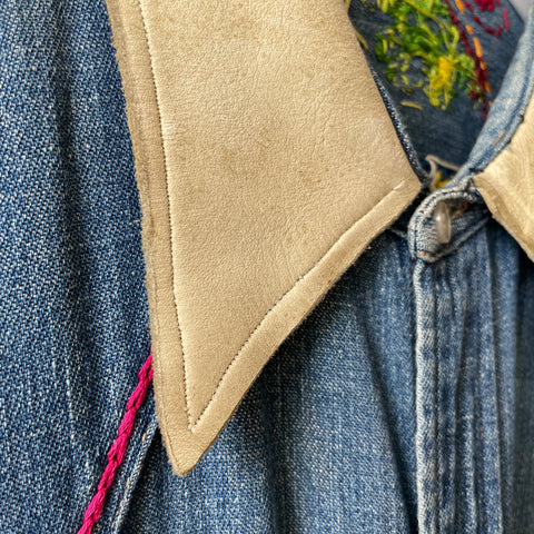 60’s Embroidered Denim Pearl Snap Western Shirt - XL