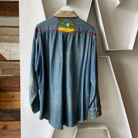 60’s Embroidered Denim Pearl Snap Western Shirt - XL