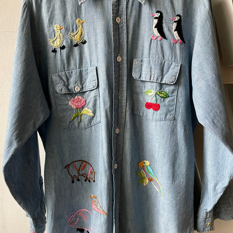 70's Embroidered Chambray - Large