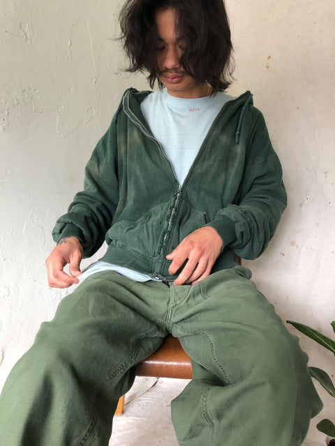 60’s Faded Green Thermal Lined Zip-up Hoodie - Medium