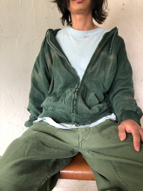 60’s Faded Green Thermal Lined Zip-up Hoodie - Medium