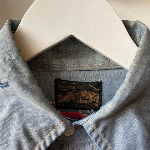 70's Sears Embroidered Western Chambray - Medium