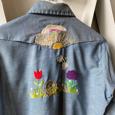 70's Sears Embroidered Western Chambray - Medium