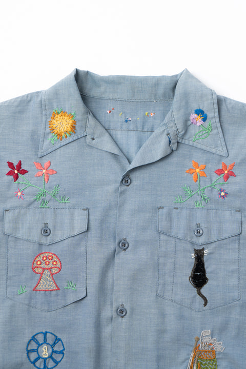 70’s Embroidered Chambray Button-Up - Large