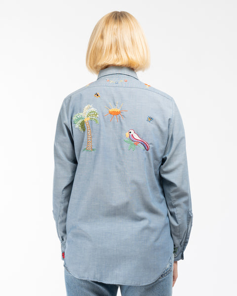 70’s Embroidered Chambray Button-Up - Large